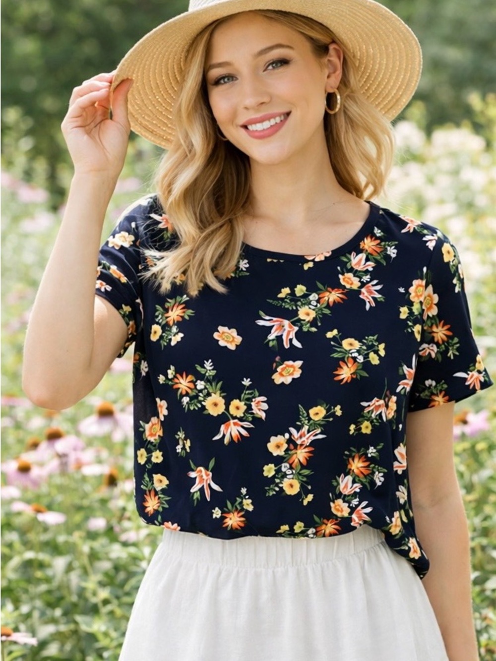 Ann Taylor Factory Floral Blouse XS Navy Short Sleeve Top